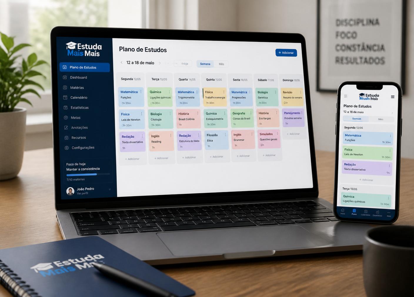 Cronograma semanal do Mais Estudos em laptop e celular